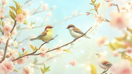 Obraz premium Two birds perched on blossoming branches in spring
