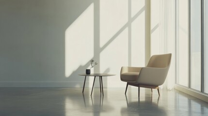 Minimalist living area with modern, sleek furnishings. Featuring open space and soft colors