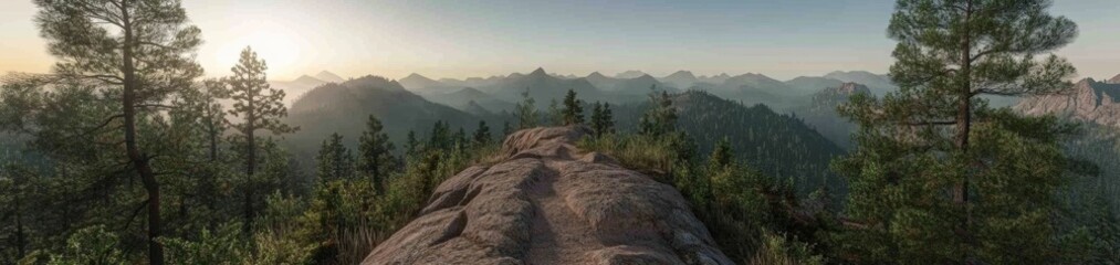 Sunrise view from a rocky mountain top, overlooking a vast forest and hazy mountain range.