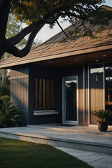 A modern, dark-grey house with a brown roof and large windows.  Sunlight casts shadows on the front patio and house.  Landscaping includes grass and tropical plants.