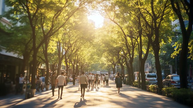 People walking along a pedestrian-friendly urban street with mature trees on both sides, enhancing the cityscape. 