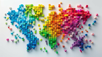 A vibrant, fragmented world map constructed from colorful wooden blocks.