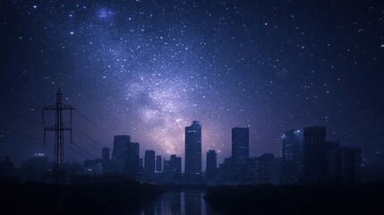 Blackout and power outage city skyline under a starry night sky, illustrating the vastness of the universe and urban beauty.