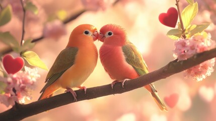 Two Lovebirds Share a Tender Moment in Blooming Springtime