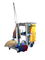A gray cleaning cart equipped for various cleaning tasks. The cart features multiple shelves and compartments to hold cleaning supplies and tools.