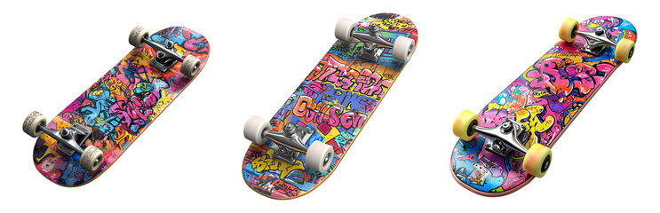 Skateboards with Urban Graffiti Artwork Isolated on transparent background