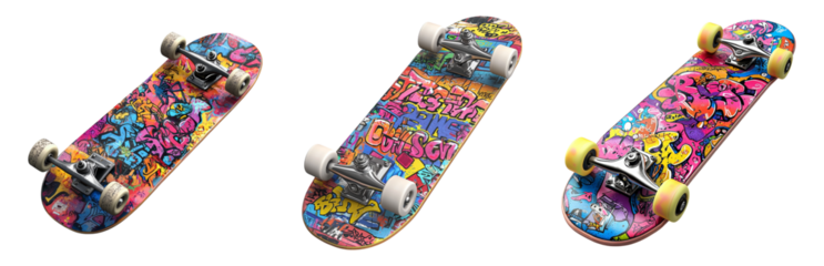 Skateboards with Urban Graffiti Artwork Isolated on transparent background