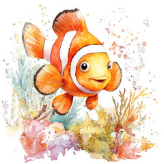 Naklejka premium Vibrant Illustration of a Clownfish Swimming in a Colorful Coral Reef Environment