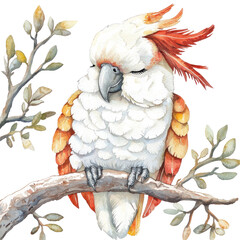 Detailed Illustration of a Sleeping Cockatoo Among Lush Greenery and Twigs