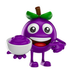 Acai Berry Character Holding Bowl Cartoon 3D Render with transparent background
