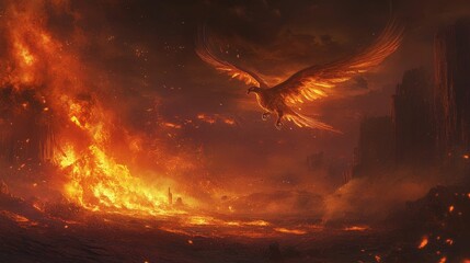 Naklejka premium Fiery bird soars over burning landscape.