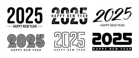 Set of 2025 Happy New Year greeting text designs. Christmas banner, poster, festive greeting card or seasonal promotion template. Collection of 2025 numbers with greetings. Vector illustration