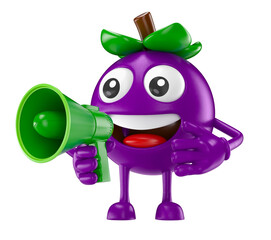 Acai Berry Mascot With Megaphone Cartoon 3D Render with transparent background
