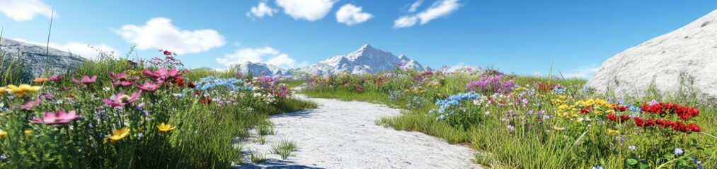 Fototapeta premium Scenic mountain path lined with colorful wildflowers.