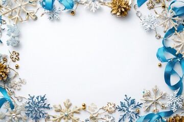 Elegant Blue and Gold Christmas Frame with Snowflakes and Decorative Elements for Holiday Greetings and Festive Celebrations