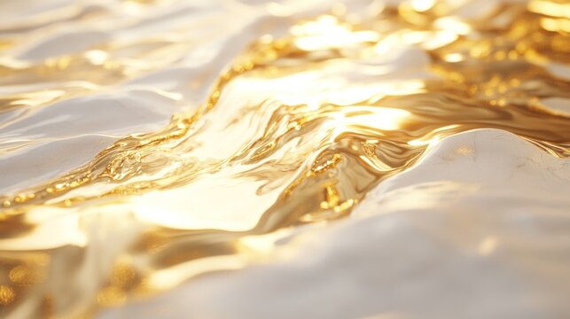 Abstract gold liquid flowing on white surface.