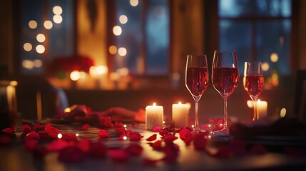 Romantic Dinner Setting With Wine And Rose Petals