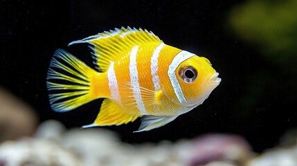 Obraz premium Vibrant yellow fish with white stripes swimming in dark water.