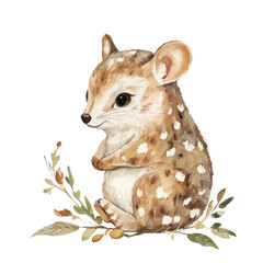 Beautiful illustration of a Quoll surrounded by delicate leaves and flowers in a whimsical style