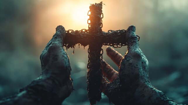 Hands tied with chains to the cross in the sunset light.