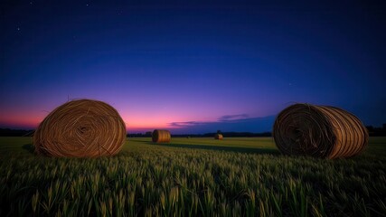 Starry night sky over illuminated hay bales in tranquil field, rural, hay bales, twilight