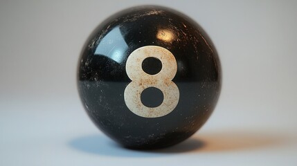 Worn black eight ball on white background.