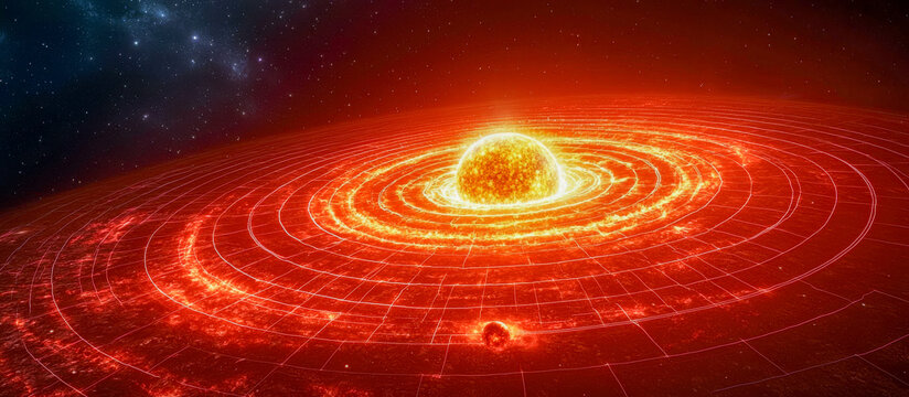 A neon-like solar system with concentric circles and a glowing central star - Powered by Adobe