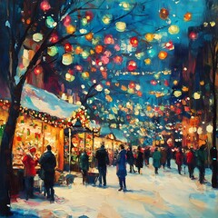 Festive Night Celebration with People Enjoying Christmas Lights