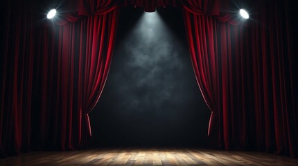 Theater stage with Empty scene, a red curtain and spotlights.