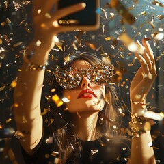 Funky Woman Taking Selfie at New Year's Eve Celebration With Confetti