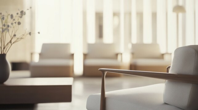 Minimalist living area with white and warm beige furniture. Featuring a clean, bright design with minimal decoration