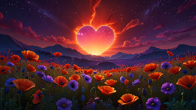 Dreamy Night: A Radiant Red Heart Illuminates Poppies Below a Starry Swirl of Cosmic Energy.