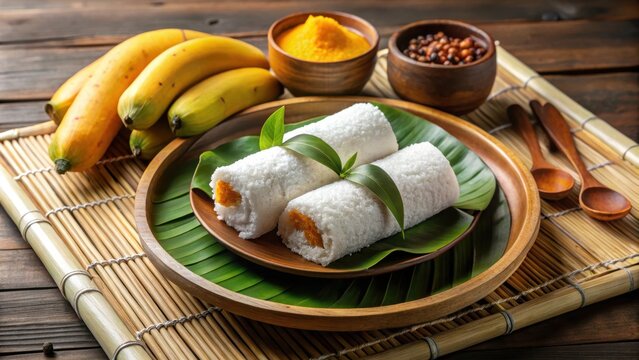 South Indian puttu made of rice flour and coconut served with banana and kadala curry, prepared in bamboo steam holder