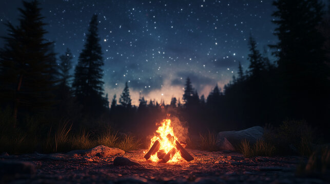 Glowing campfire in the middle of a forest under a starry night sky, perfect for adventure, camping, and outdoor-themed visuals