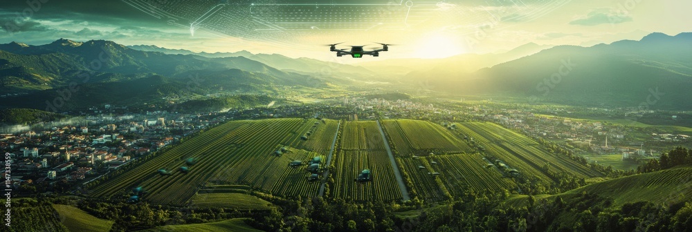 Poster Automated drones controlled by AI fly over a city and farmland delivering goods while monitoring conditions at sunset. Generative AI