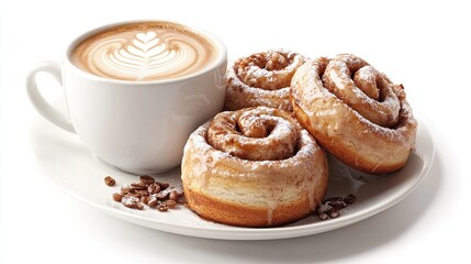Cinnamon rolls and coffee latte on a white plate, isolated on a white background, perfect for cozy mornings or food photography concepts.