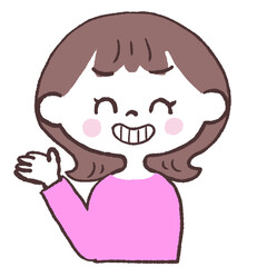 いたずらな表情で紹介する女性正面イラスト