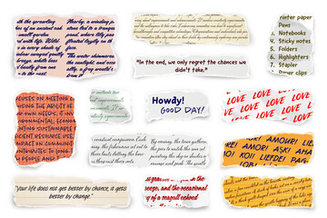 Ripped paper strips with handwritten text. Realistic crumpled paper scraps with torn edges. Shreds of notebook, book or old newspaper pages. Trendy collage elements. Vector illustration