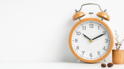 Wooden alarm clock showing time, next to small potted plant and pine cones on white background.