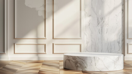 Round Marble Display Podium in Beige Elegant Interior
