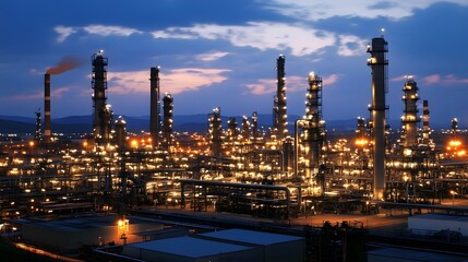 Obraz premium A large industrial city with many tall buildings and a lot of lights. The sky is cloudy and the sun is setting