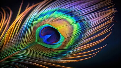 Obraz premium Close up of a colorful peacock feather on a dark background, peacock feather, peafowl feather, bird feather, colorful