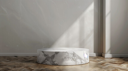 Round Marble Display Podium in Beige Elegant Interior
