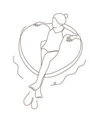 Simple line art of aerial view of young woman with floating ring on a water. relax summer simple holiday