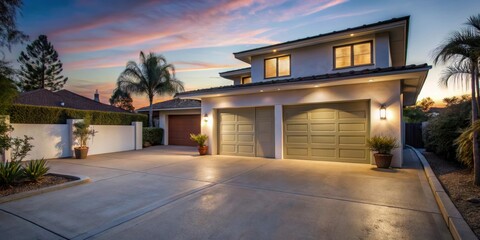 Garage and driveway outside house at dusk in Los Angeles, California , suburbia, evening, residential, home, vehicle, parking