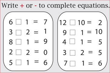 Mathematics activity of Write + or - to complete equation 