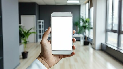 Person holding smartphone with blank screen in modern office