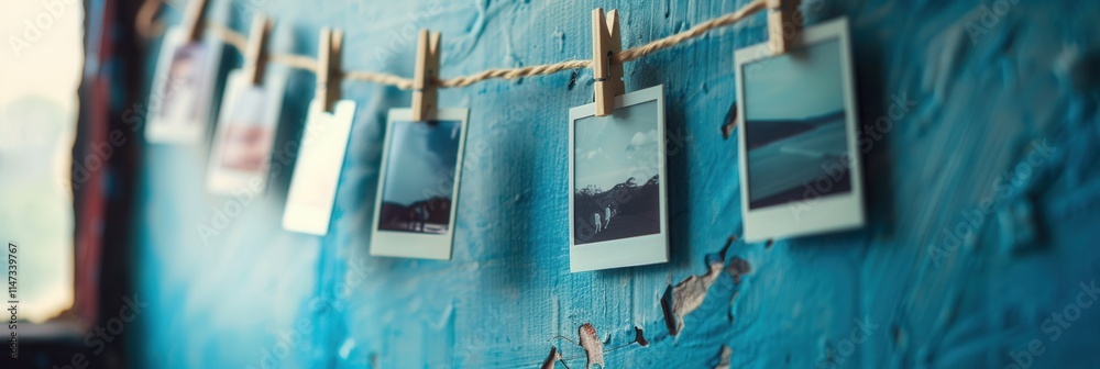 Poster Polaroid memories displayed on string with clothespins against a textured blue wall for a nostalgic atmosphere. Generative AI