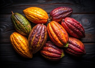 Aerial view: luscious cacao pods, intensely dark backdrop, high-resolution image highlights rich texture and color.