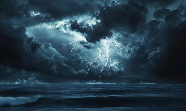 A dramatic seascape featuring dark storm clouds and lightning illuminating the ocean.